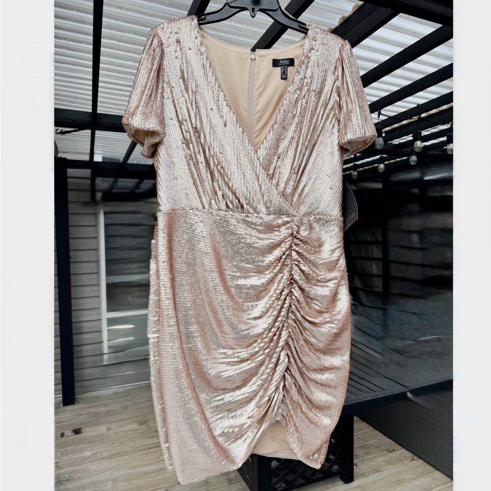 Aidan Mattox Champagne Sequin Shimmer Dress Size 14 NWT
